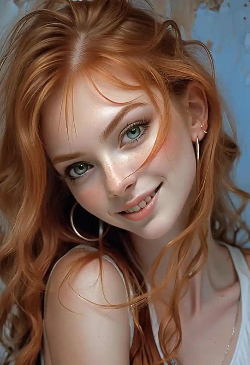 Red haired young woman portrait against distressed blue wall