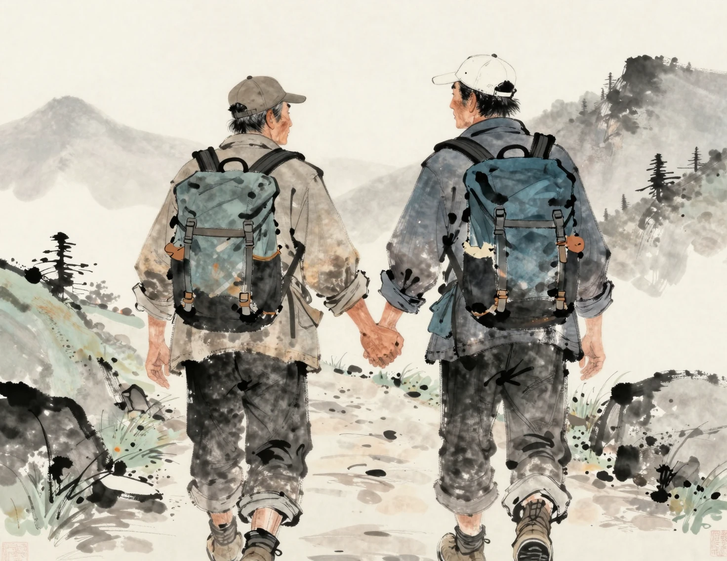 Two men walking hand in hand on a mountain path
