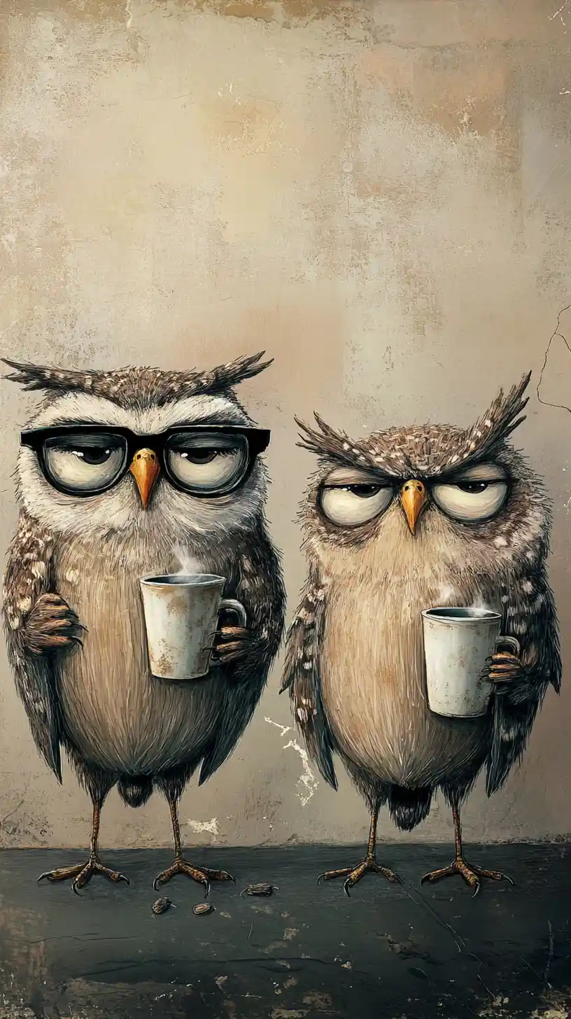 Deux chouettes ensommeillées avec du café et des lunettes de travers