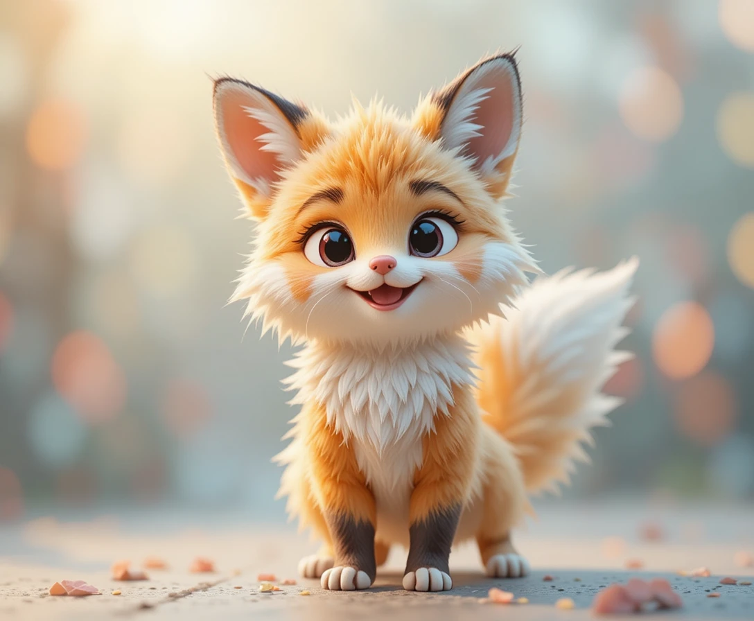Personagem 3D de raposa-gato fofinha sorridente em cores suaves