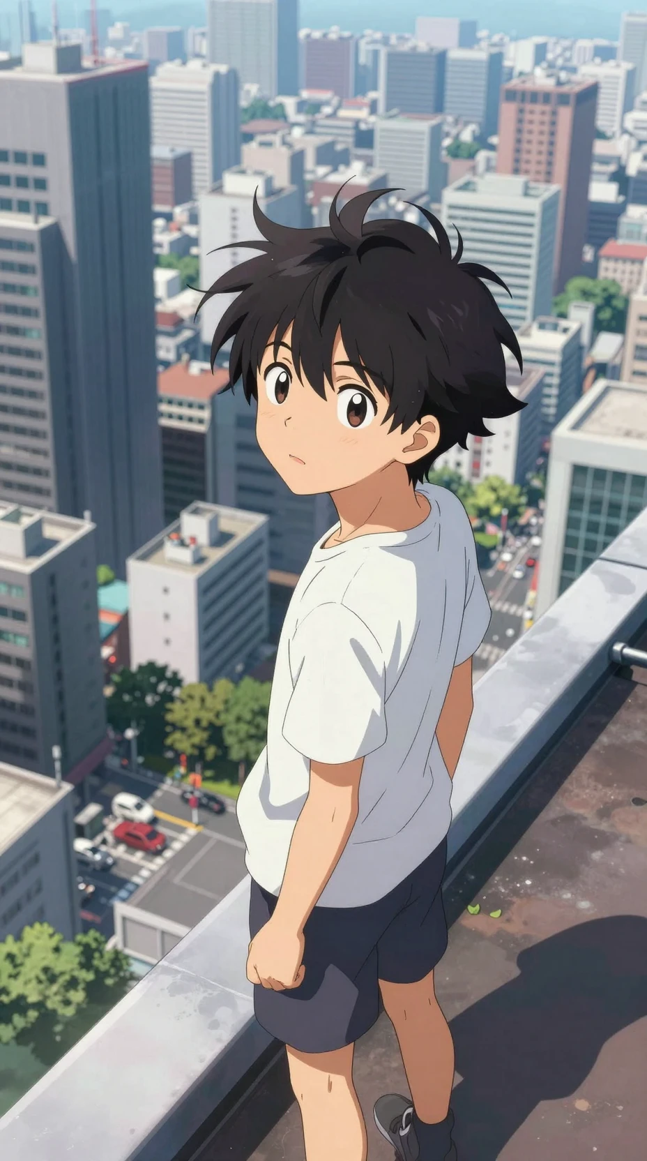 Chico de anime en azotea con vista al colorido horizonte de la ciudad