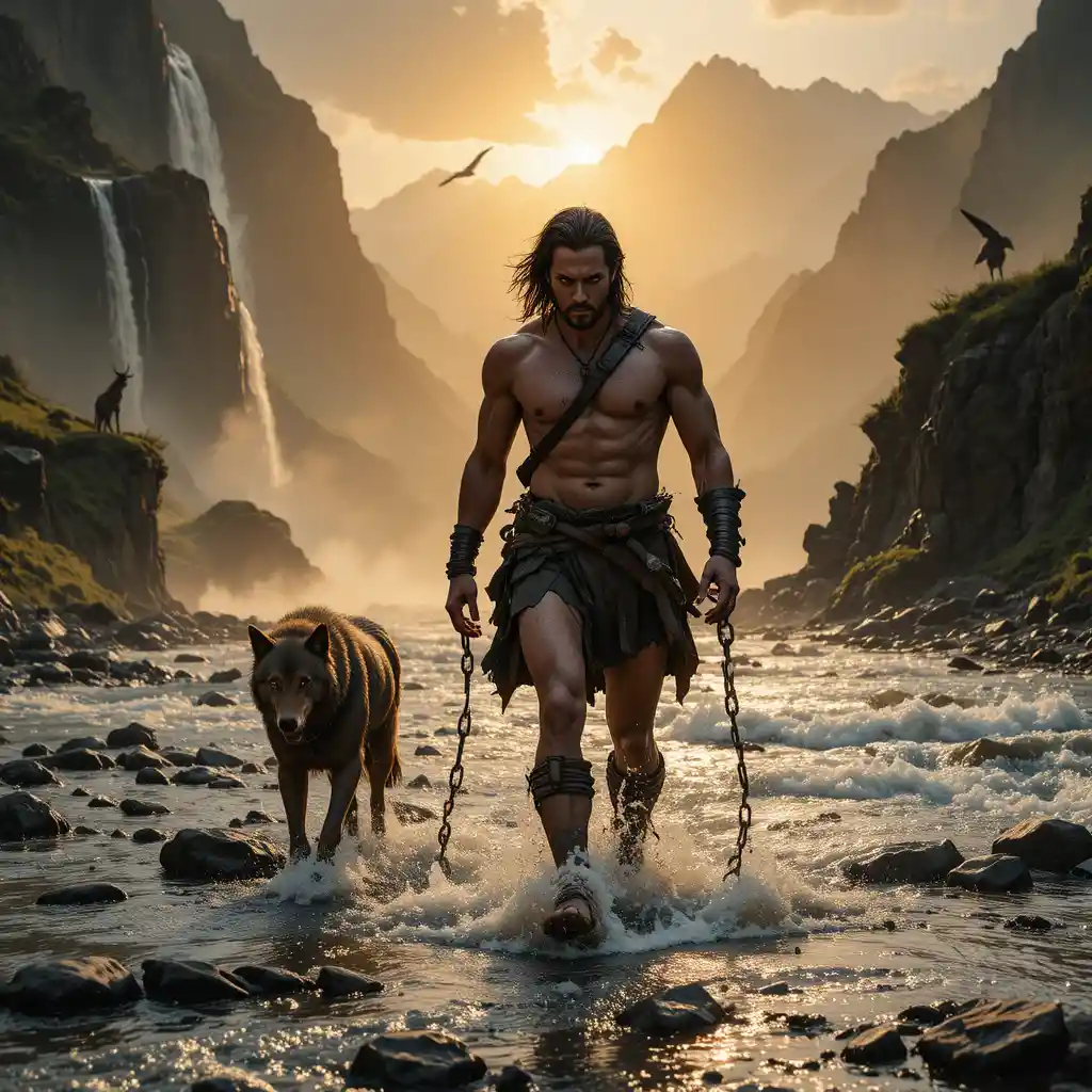 Warrior And Wolf Striding Through Sunrise Mountain River