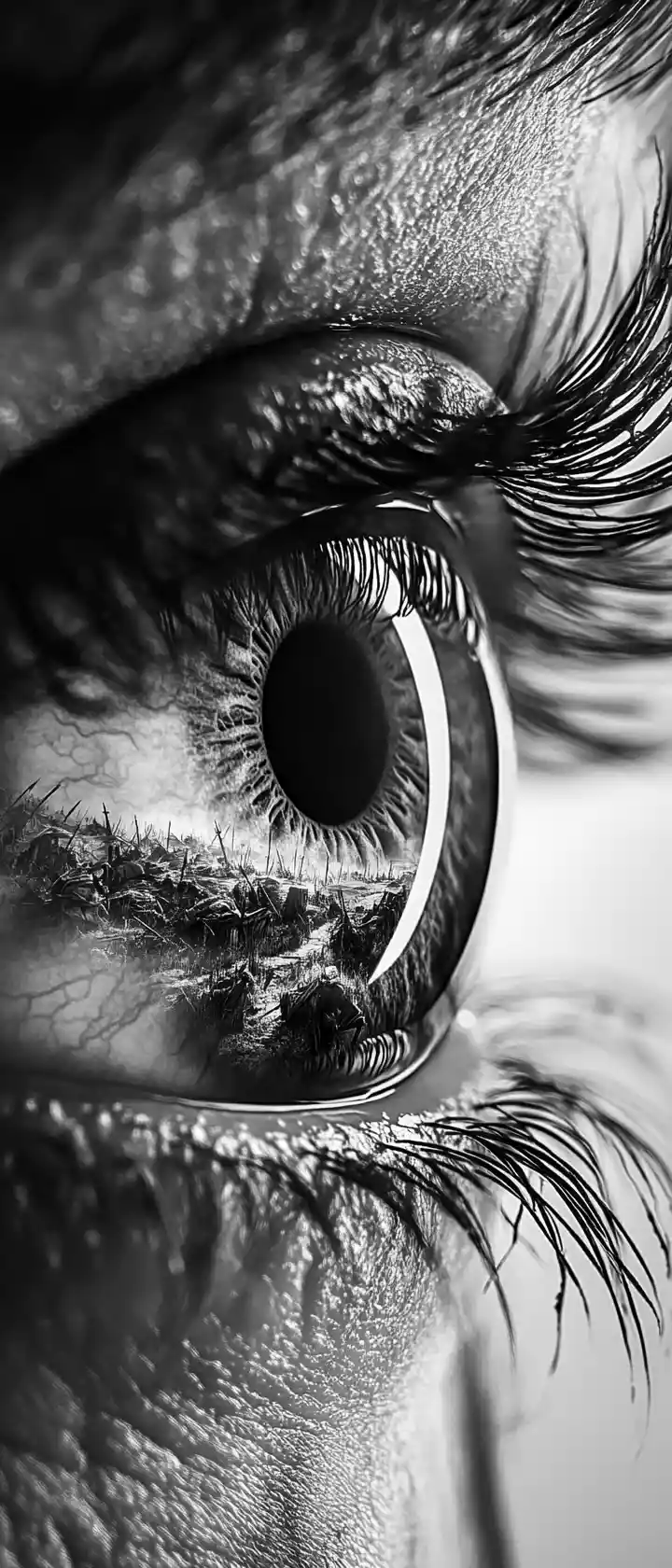 Extreme close up of a human iris in black and white