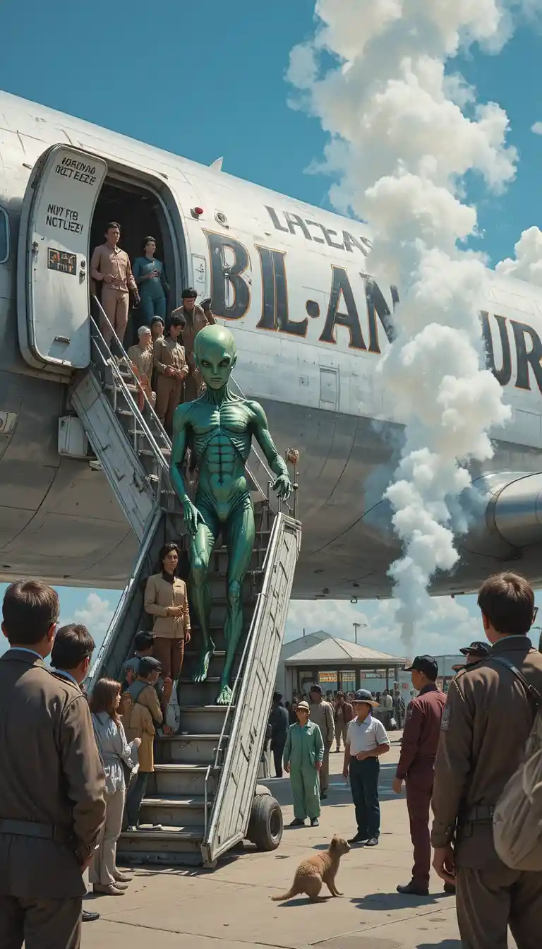 Alien triste embarcando em um clássico Boeing 707 com humanos