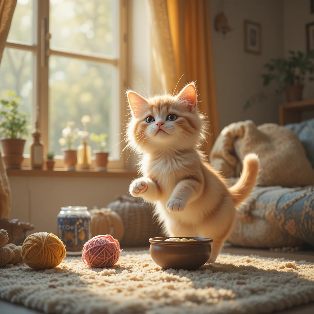 Niedliche flauschige Katze in einem gemütlichen Zimmer mit weichem Sonnenlicht