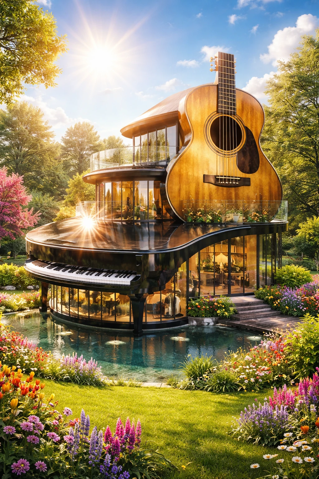 Casa de cristal con temática musical en un jardín mágico de flores