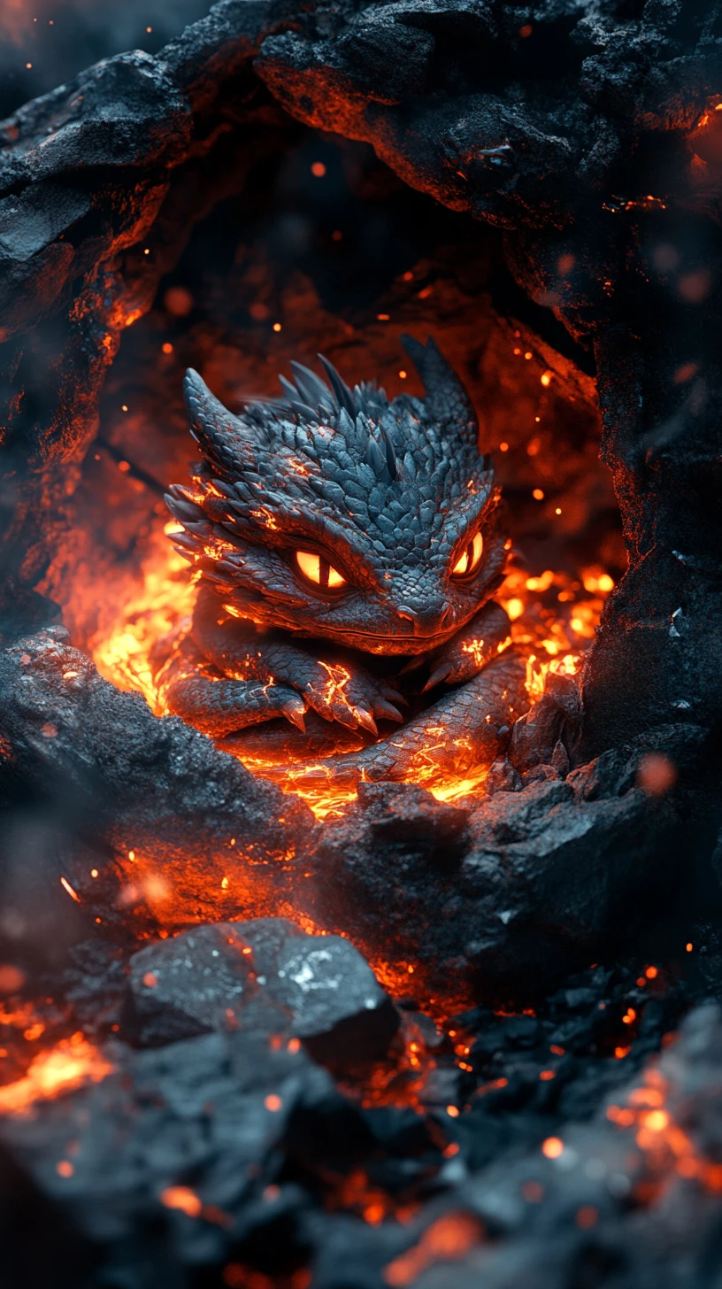 Cucciolo di drago di lava raggomitolato in un nido vulcanico luminoso