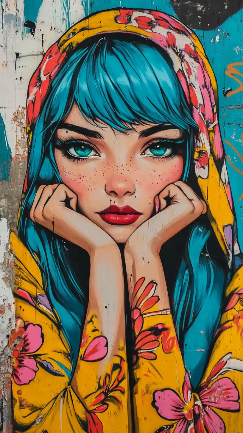 Portrait graffiti d’une femme aux cheveux bleus avec foulard fleuri