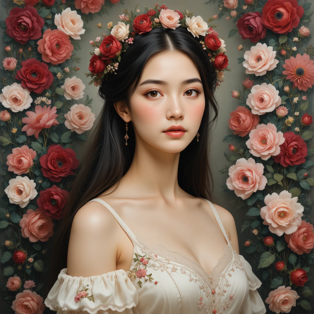 Romantic oil portrait of a girl with floral crown