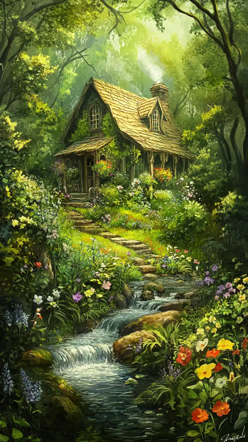 Whimsical watercolor cottage garden with winding stream