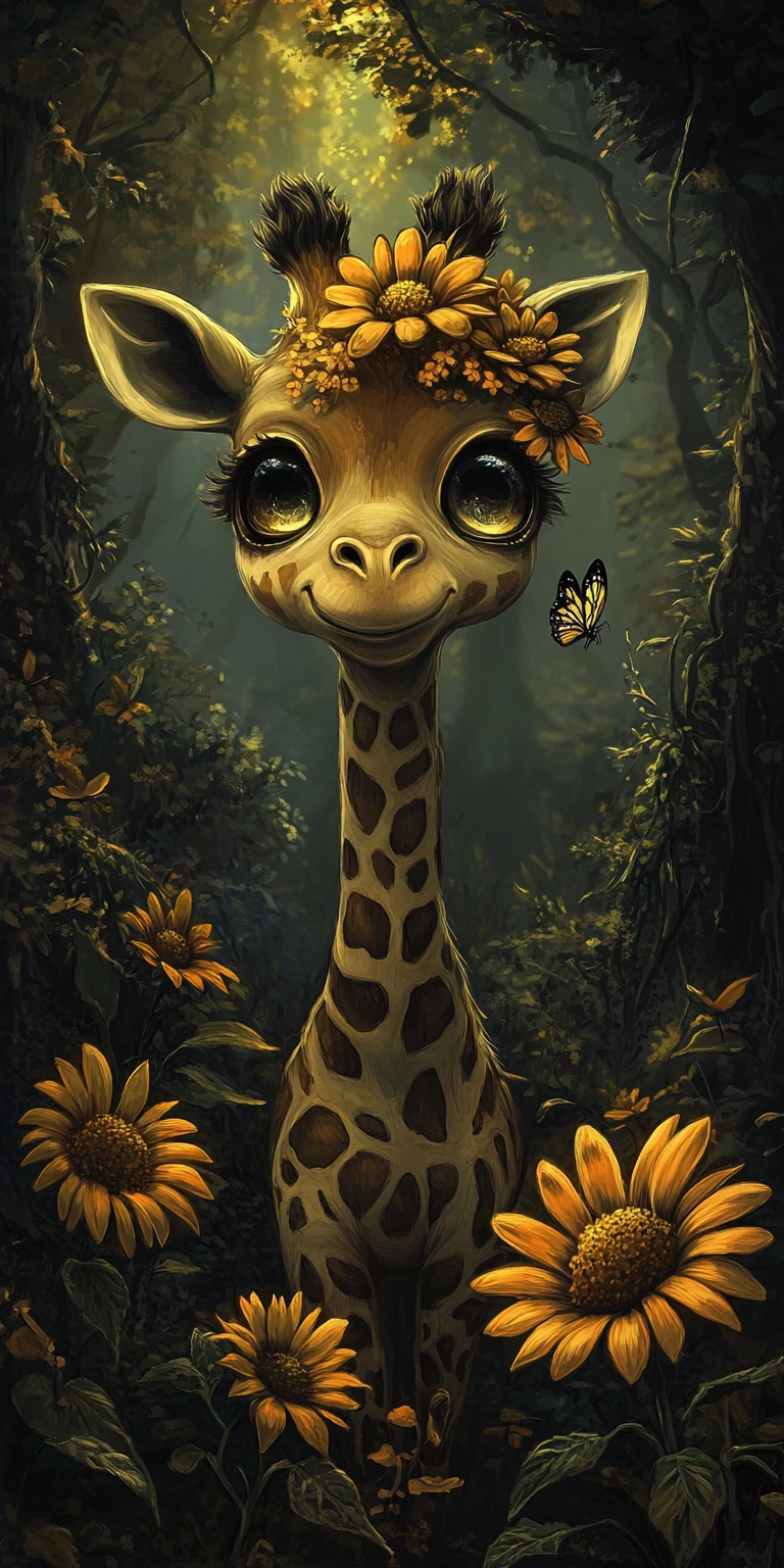 Giraffa cucciolo in una radura boschiva incantata e inquietante