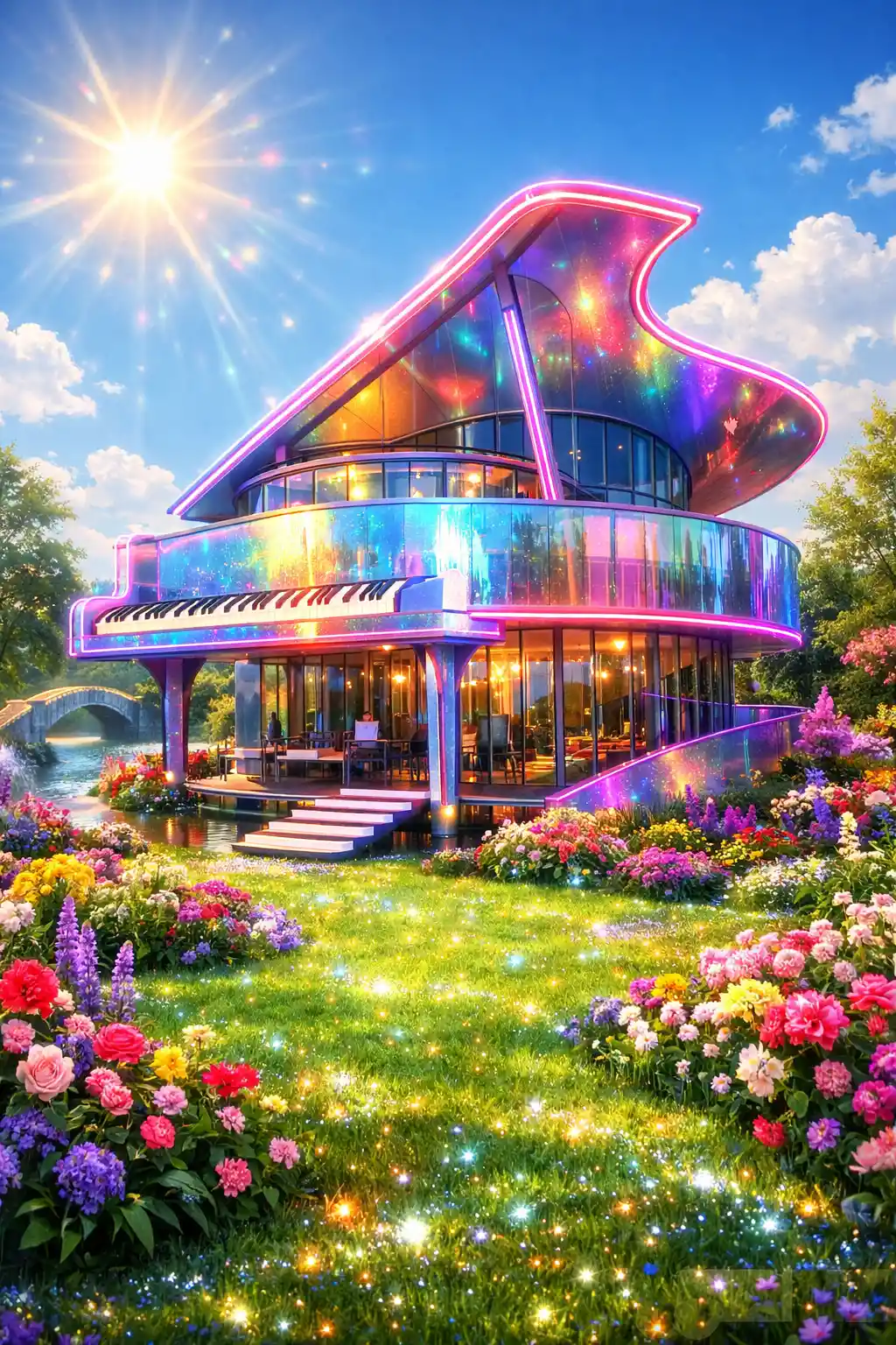 Maison néon irisée en forme de piano à queue