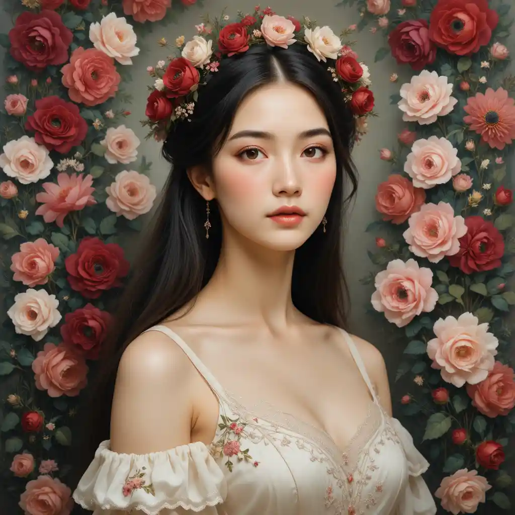 Romantic oil portrait of a girl with floral crown
