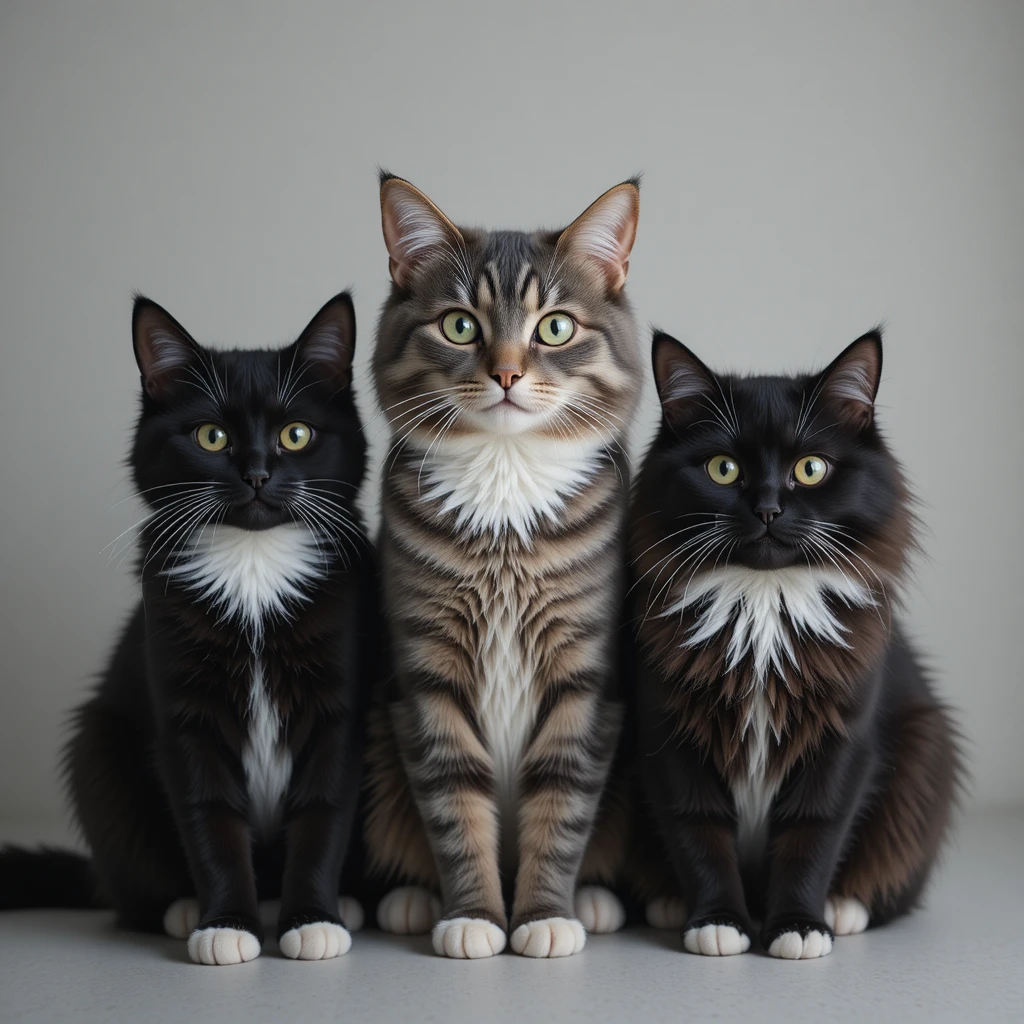 Três gatos sentados em um simples retrato lado a lado