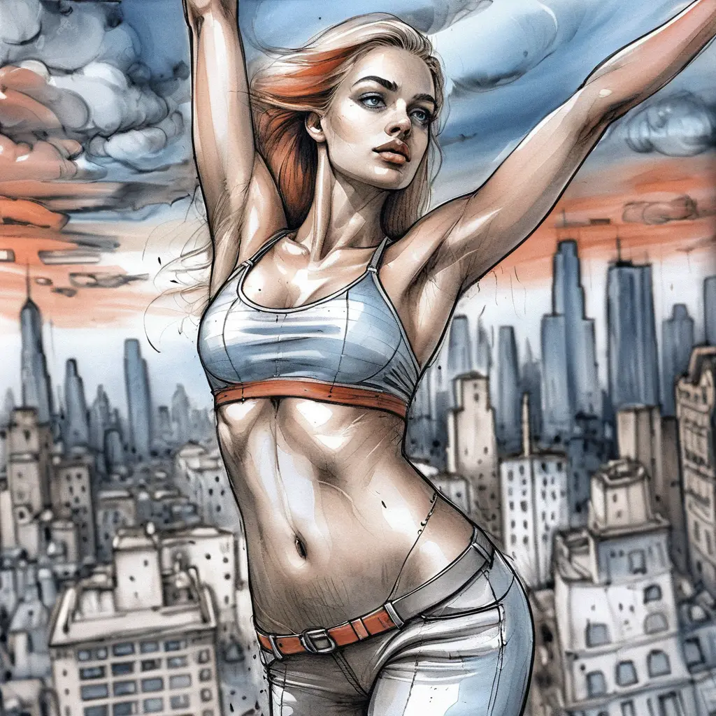 Muscular blonde heroine on a bright urban rooftop