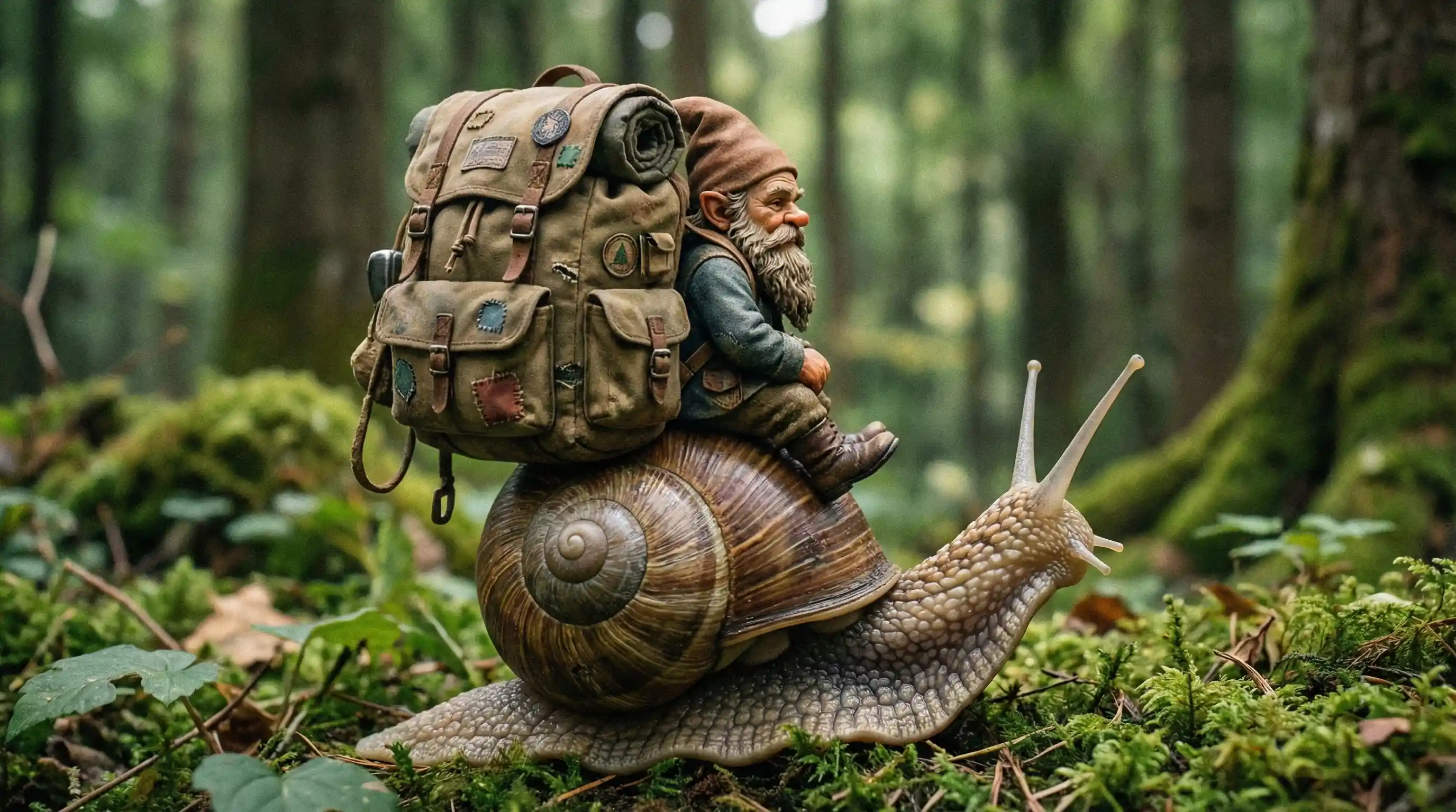 Gnome chevauchant un escargot lent avec un sac à dos d’aventure usé