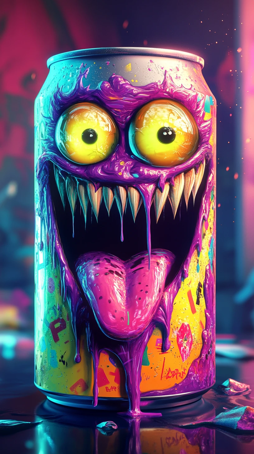 Monstre psychédélique de canette de soda néon avec langue dégoulinante