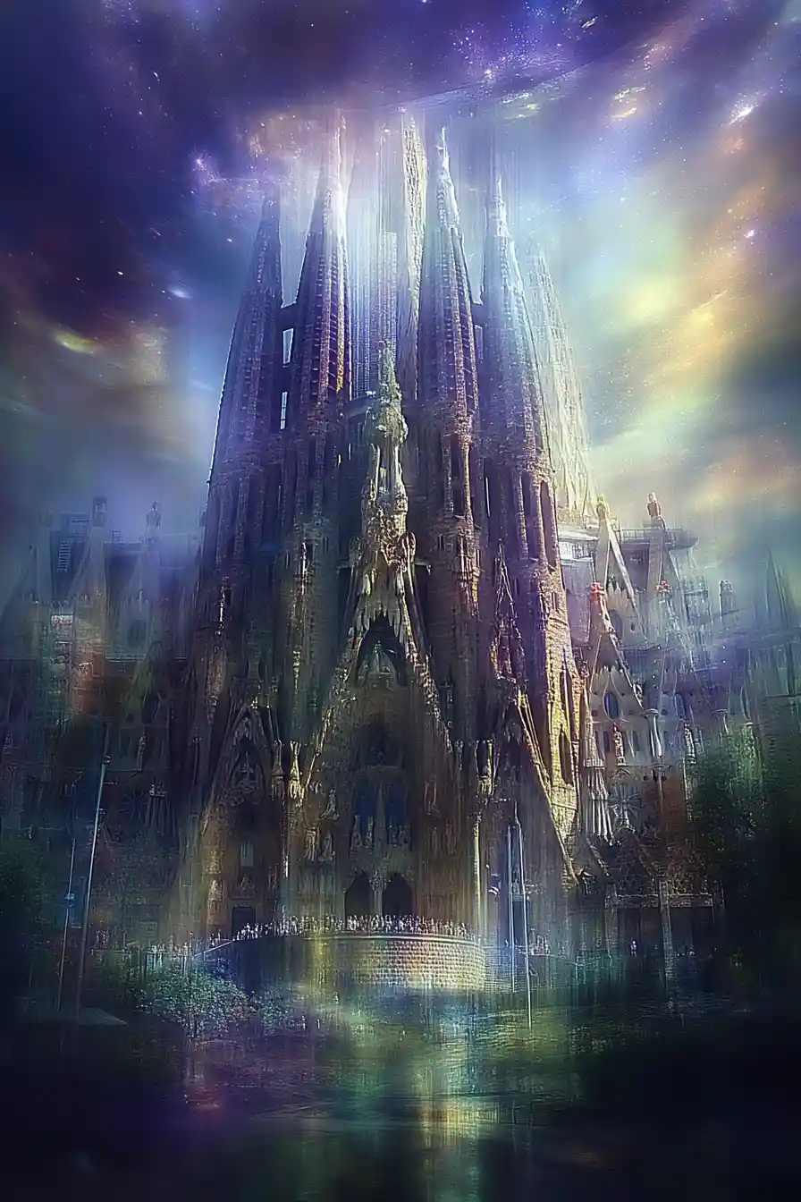 Tilted nocturnal view of Sagrada Familia in smoky fantasy city