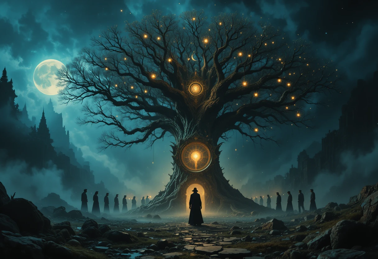 Padre corvo che sussurra attorno a un albero del mondo avvolto nella nebbia