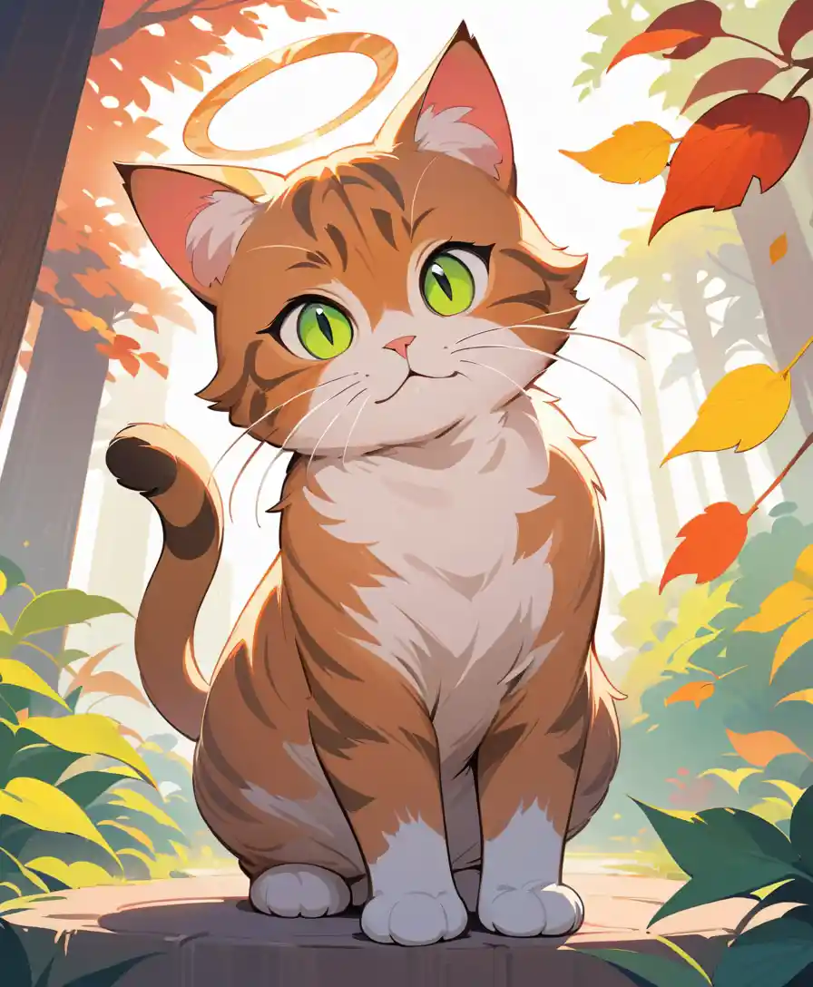 Gatto soriano antropomorfo in un luminoso giardino autunnale
