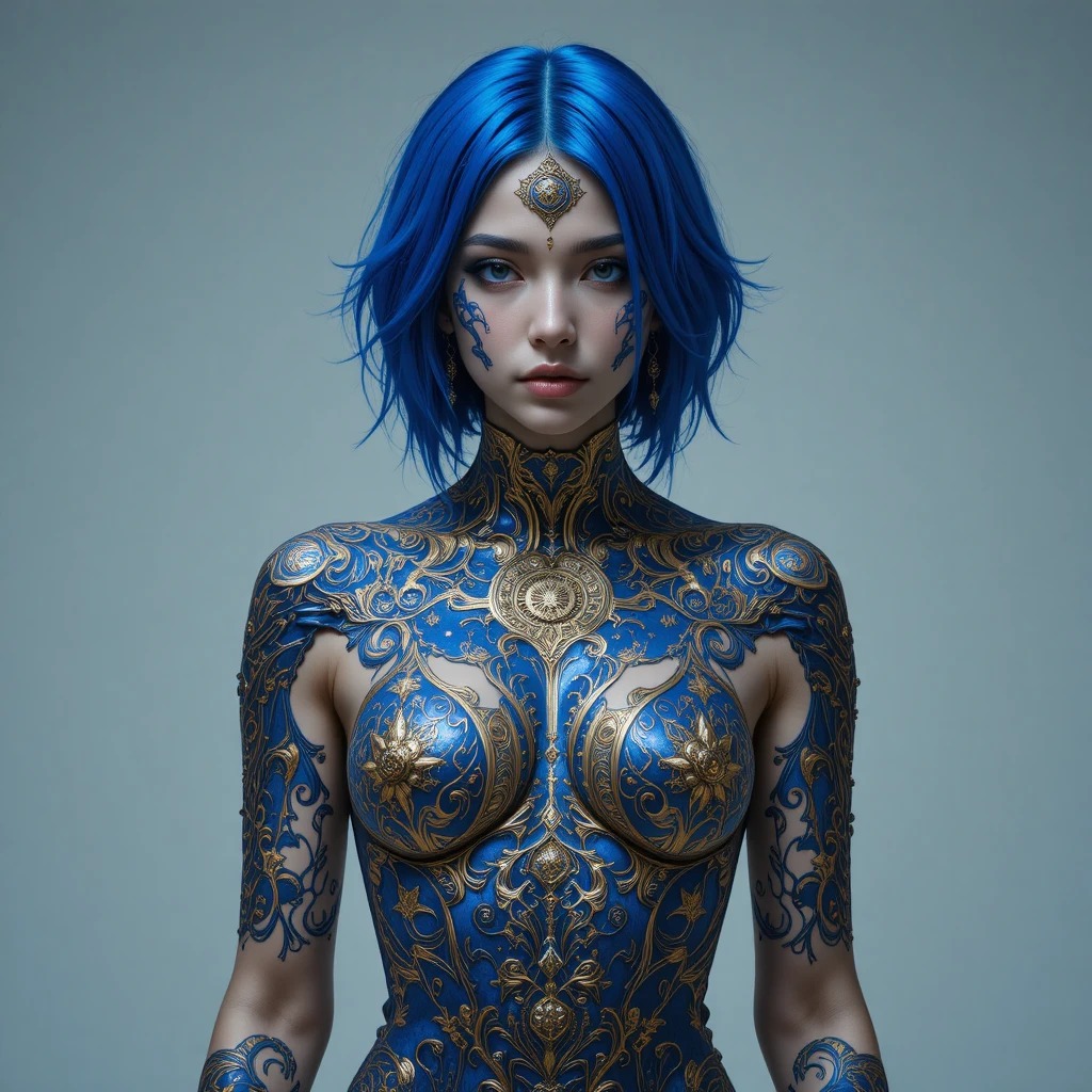 Cyberpunk woman with cobalt blue hair and ornate metallic body