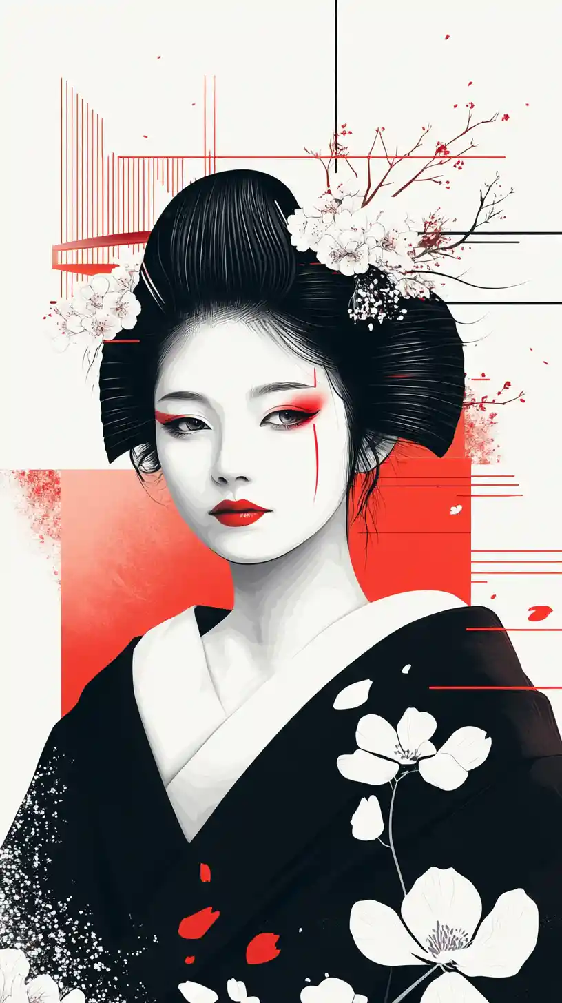 Elegante ritratto di geisha in stile giapponese minimalista vettoriale