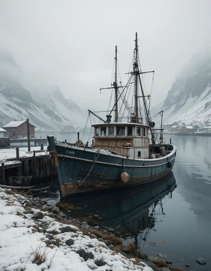 Vieux bateau de pêche dans un port arctique brumeux au crépuscule