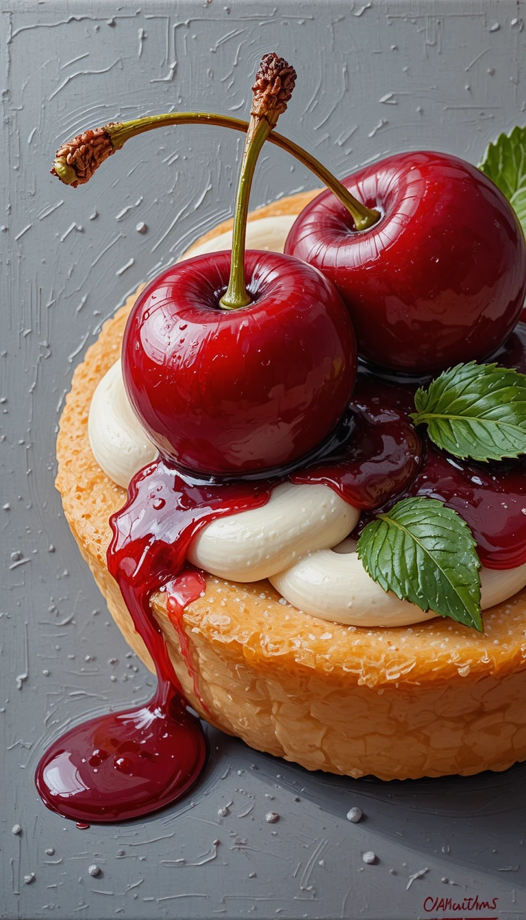 Pintura em impasto em close de um doce com creme e cerejas