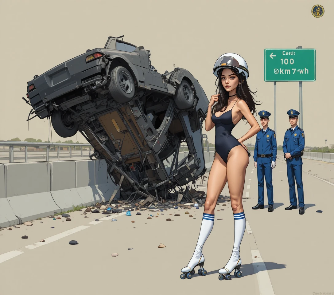 Carro preto destruído capotado sobre barreira de rodovia