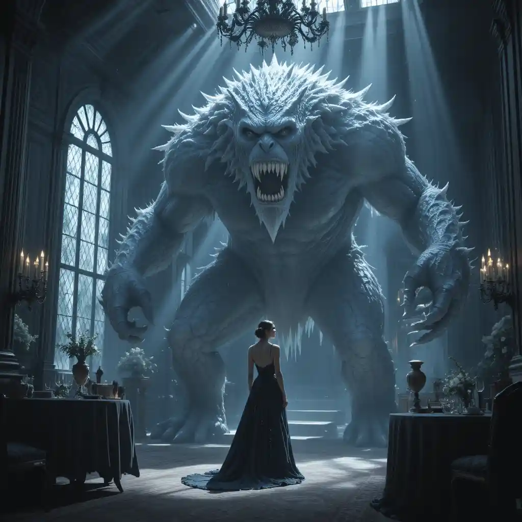 Woman Meets Snow Monster In Moonlit Victorian Ballroom