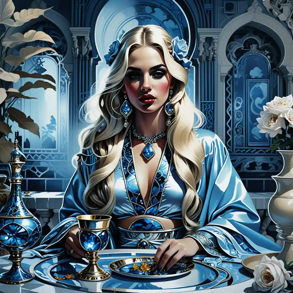 Mystical blonde enchantress at a gilded palace table