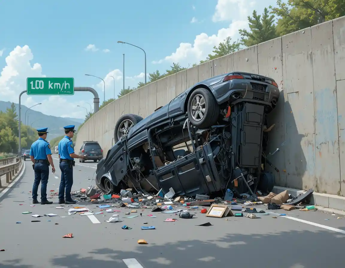 Voiture noire retournée dans un accident sur une autoroute très fréquentée