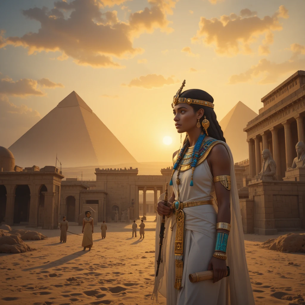 Regal Egyptian woman before pyramids at golden desert sunset