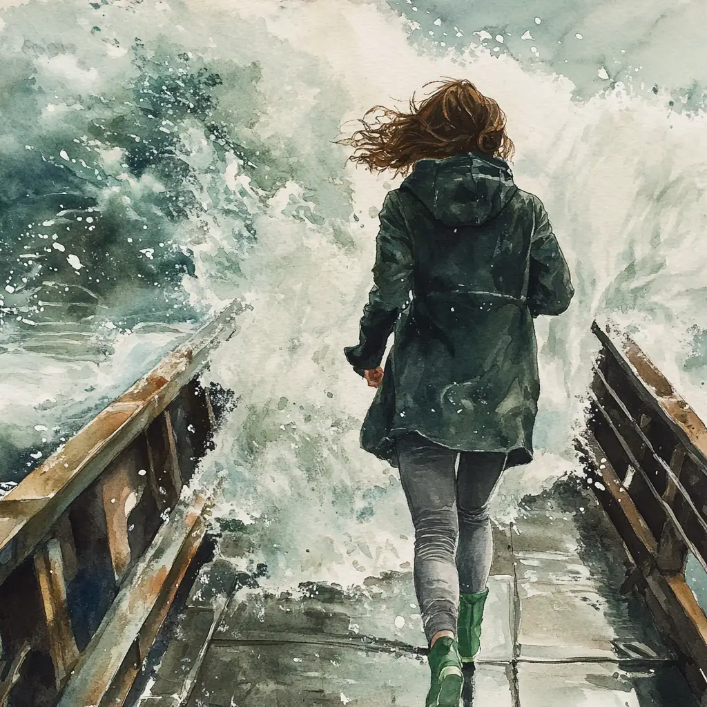 Mulher de capa de chuva verde correndo em píer à beira-mar em meio à tempestade