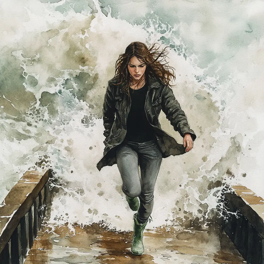 Mulher de capa de chuva verde apressada em píer à beira-mar tempestuoso