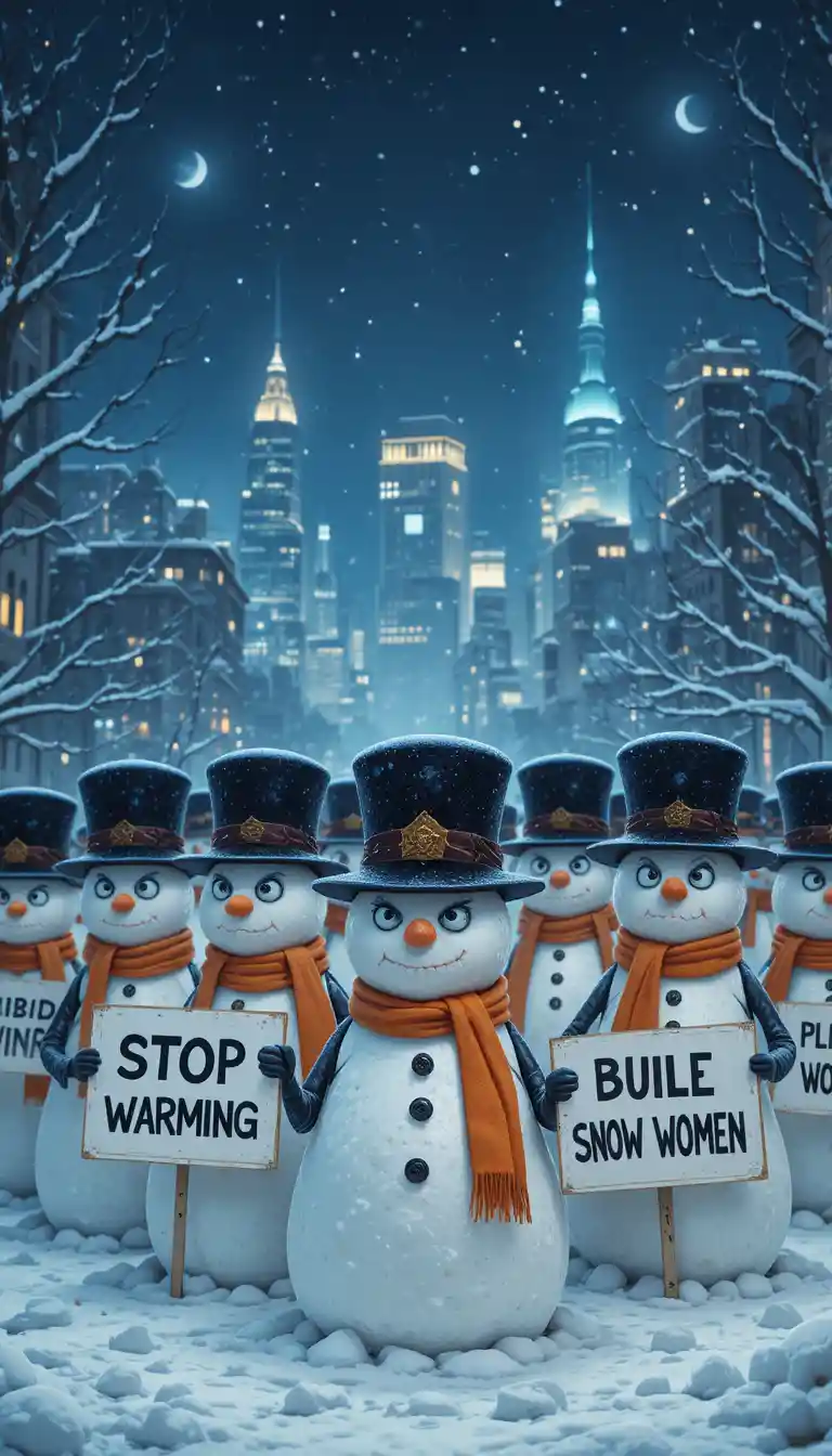 Des bonshommes de neige en colère manifestent devant une ligne d’horizon urbaine lumineuse