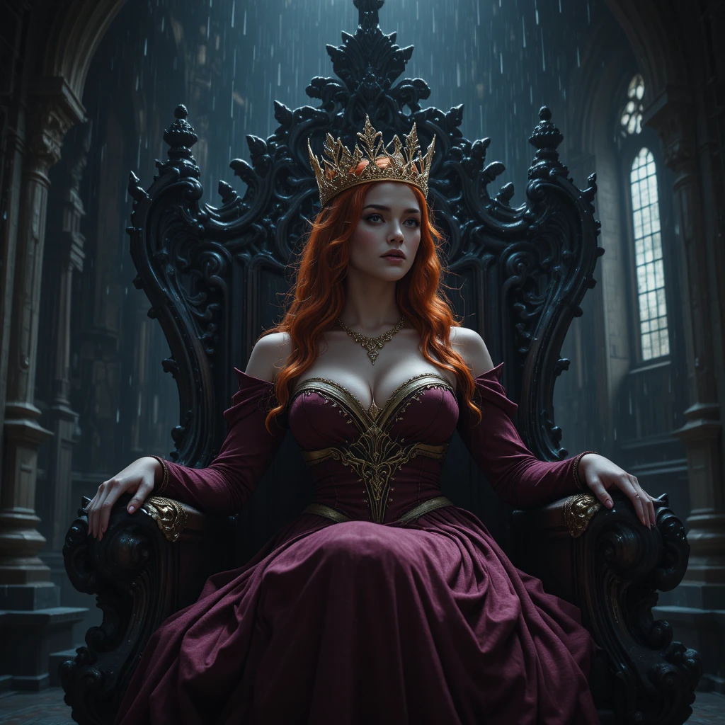 Rainha ruiva reclinada em um trono em um castelo escuro