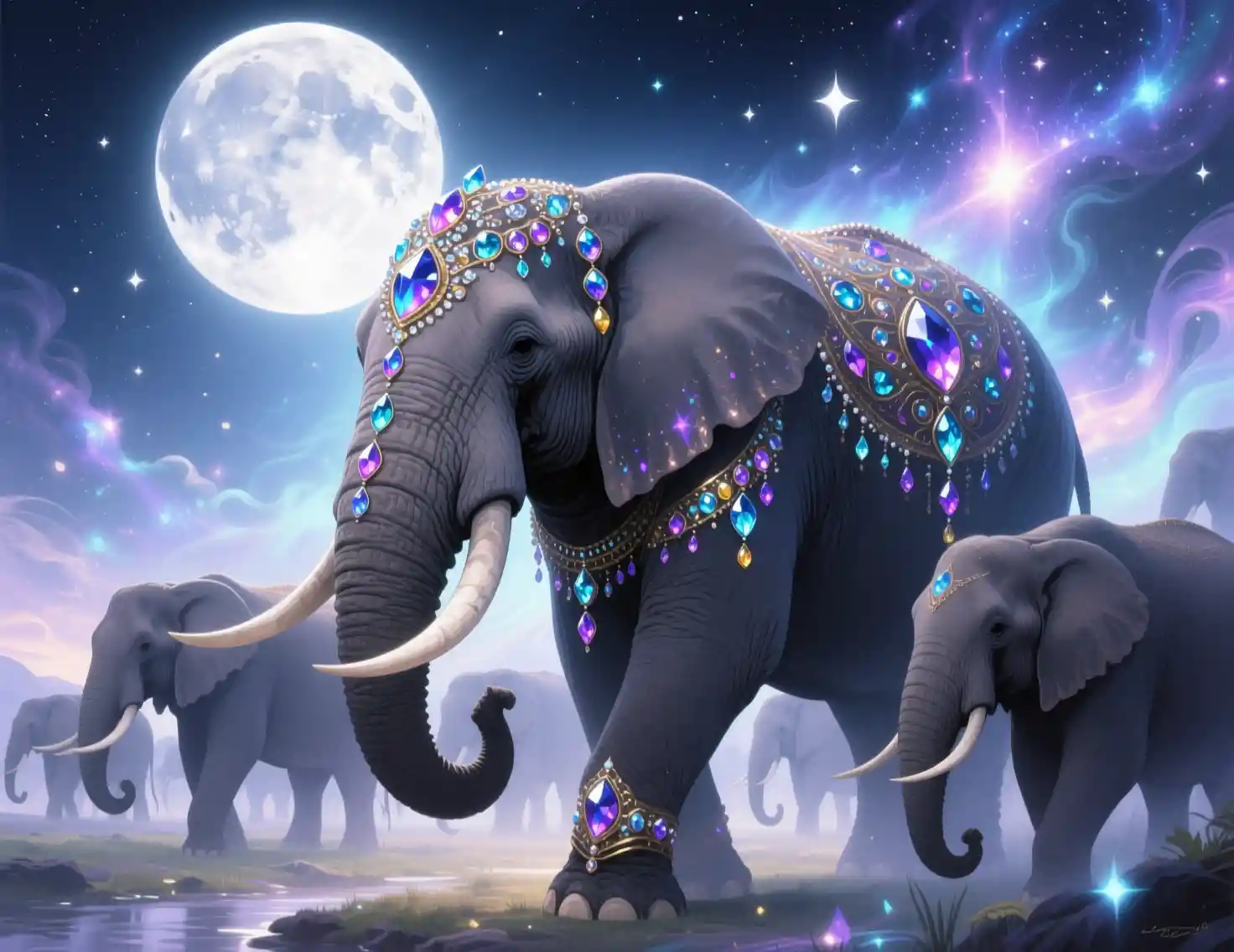 Maestosa matriarca elefante gioiellata che brilla al chiaro di luna