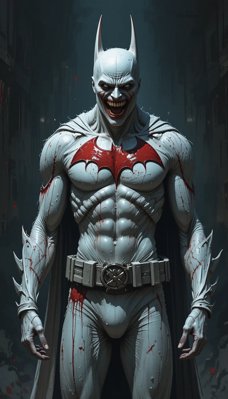 Super-herói fantasmagórico distorcido com emblema vermelho-sangue sorrindo de forma ameaçadora
