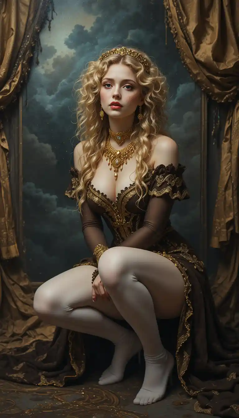 Baroque woman in period costume against dramatic golden backdrop