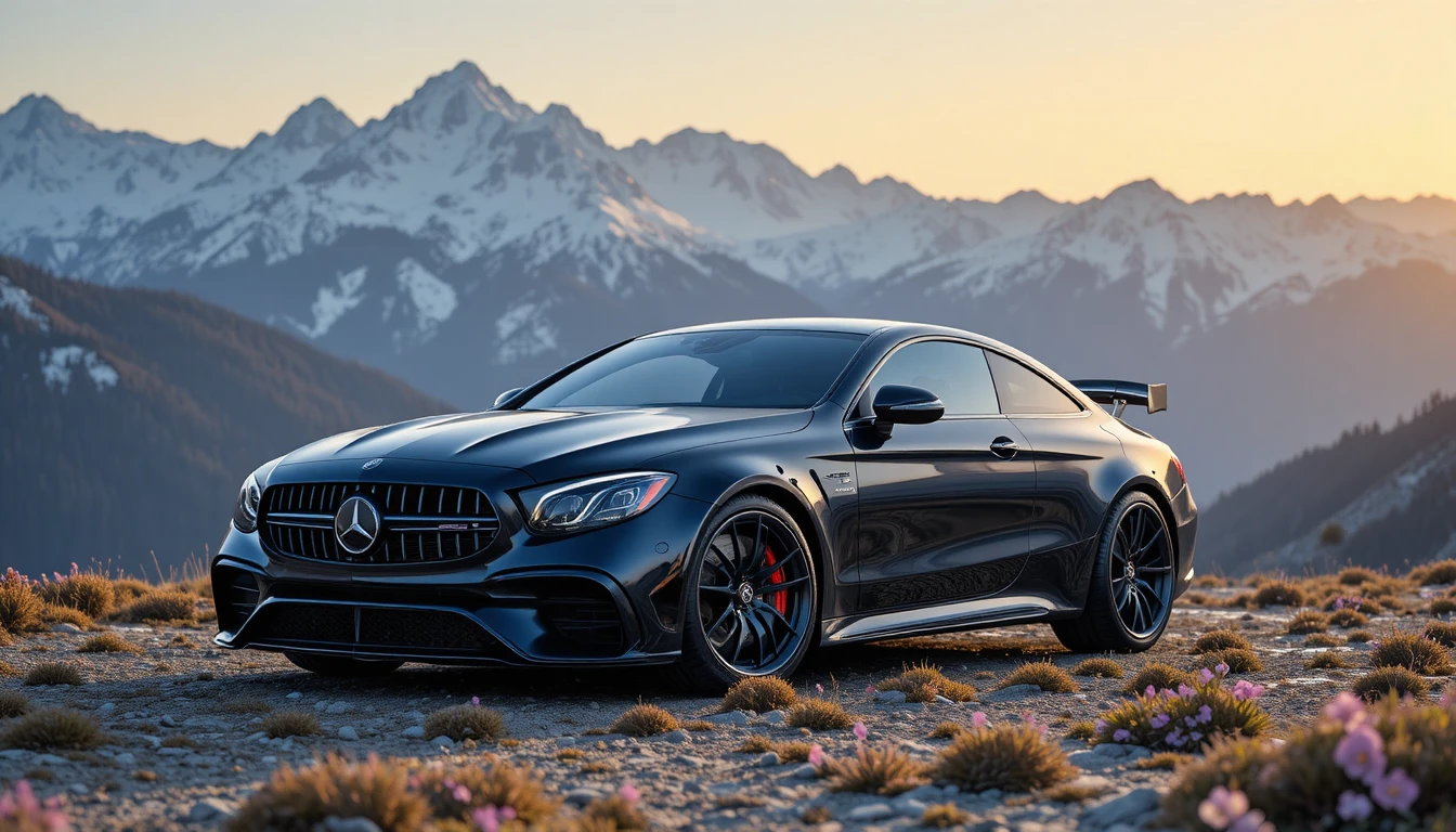 Carro esportivo preto e azul em estrada de montanha nevada