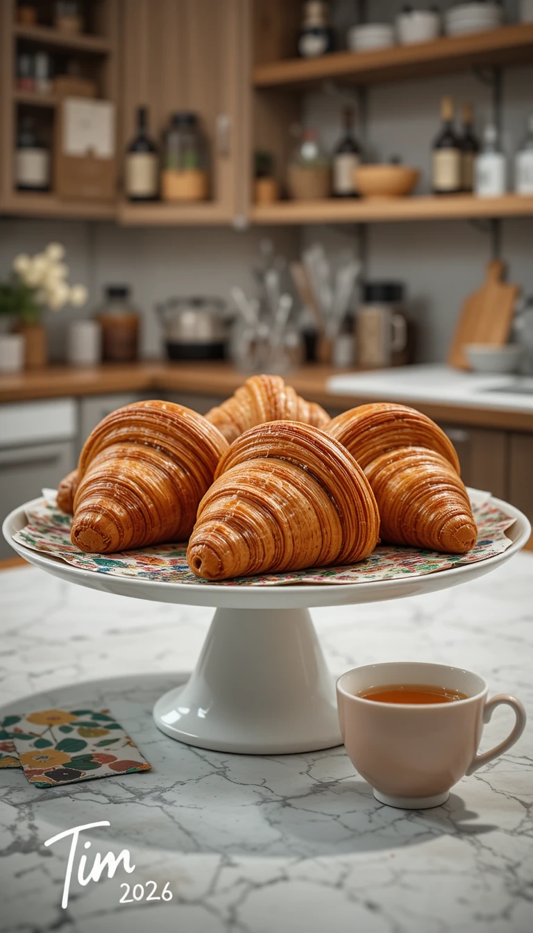 Croissants au chocolat sur assiette blanche avec thé fumant