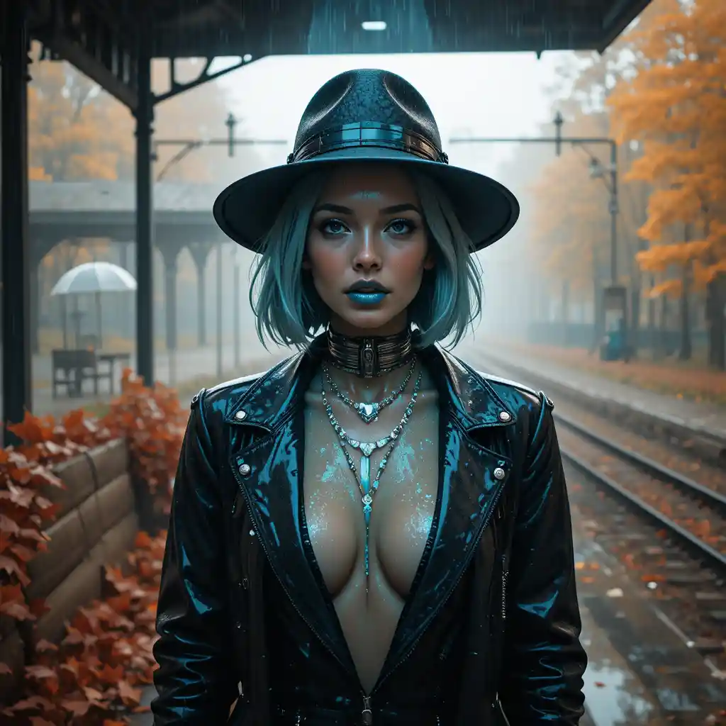 Donna surreale con effetto glitch su un binario autunnale nella nebbia