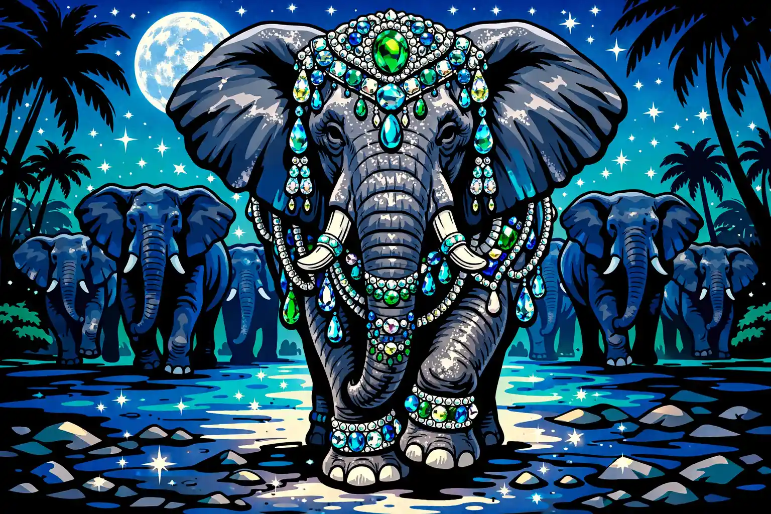 Maestosa matriarca elefante adorna di gemme sotto la luce lunare