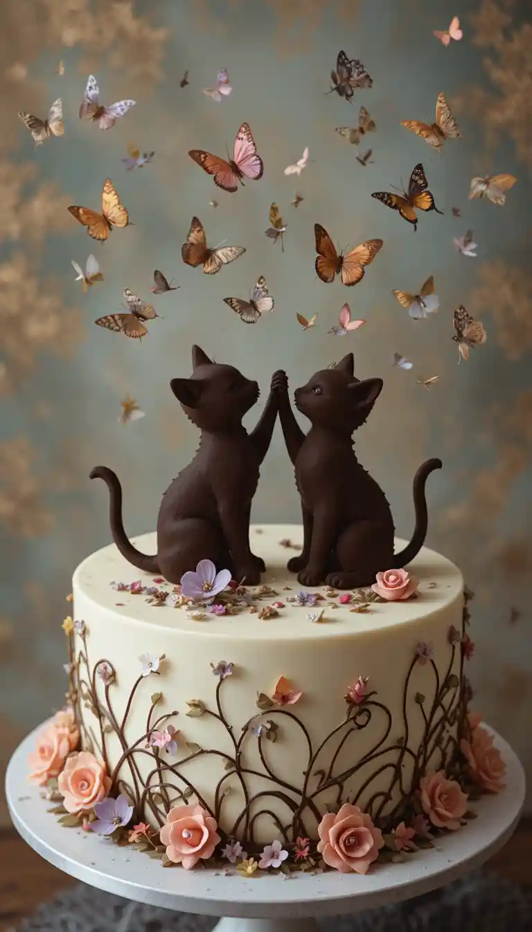 Torta decorativa con gattini che inseguono farfalle