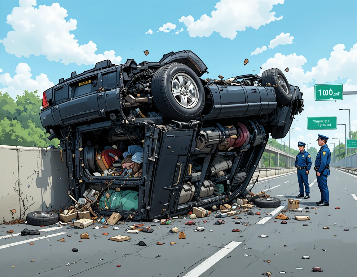 Coche negro volcado en accidente en la autopista con policías