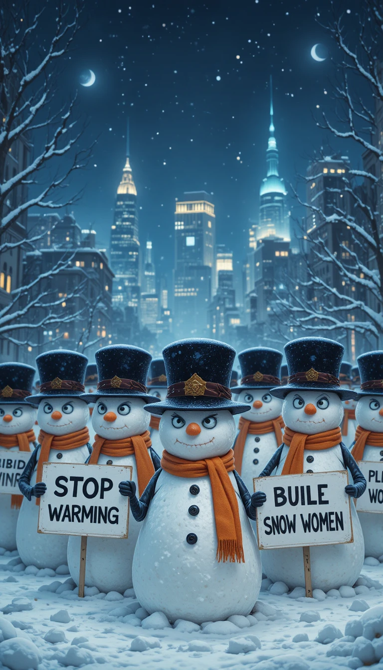 Des bonshommes de neige en colère manifestent devant une ligne d’horizon urbaine lumineuse