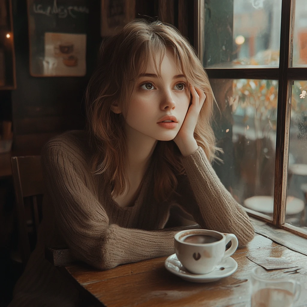 Young woman sitting alone at a small cafe table
