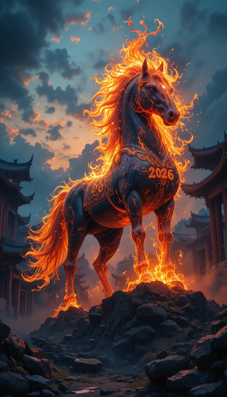 Surreal fiery horse silhouette before ancient Chinese ruins