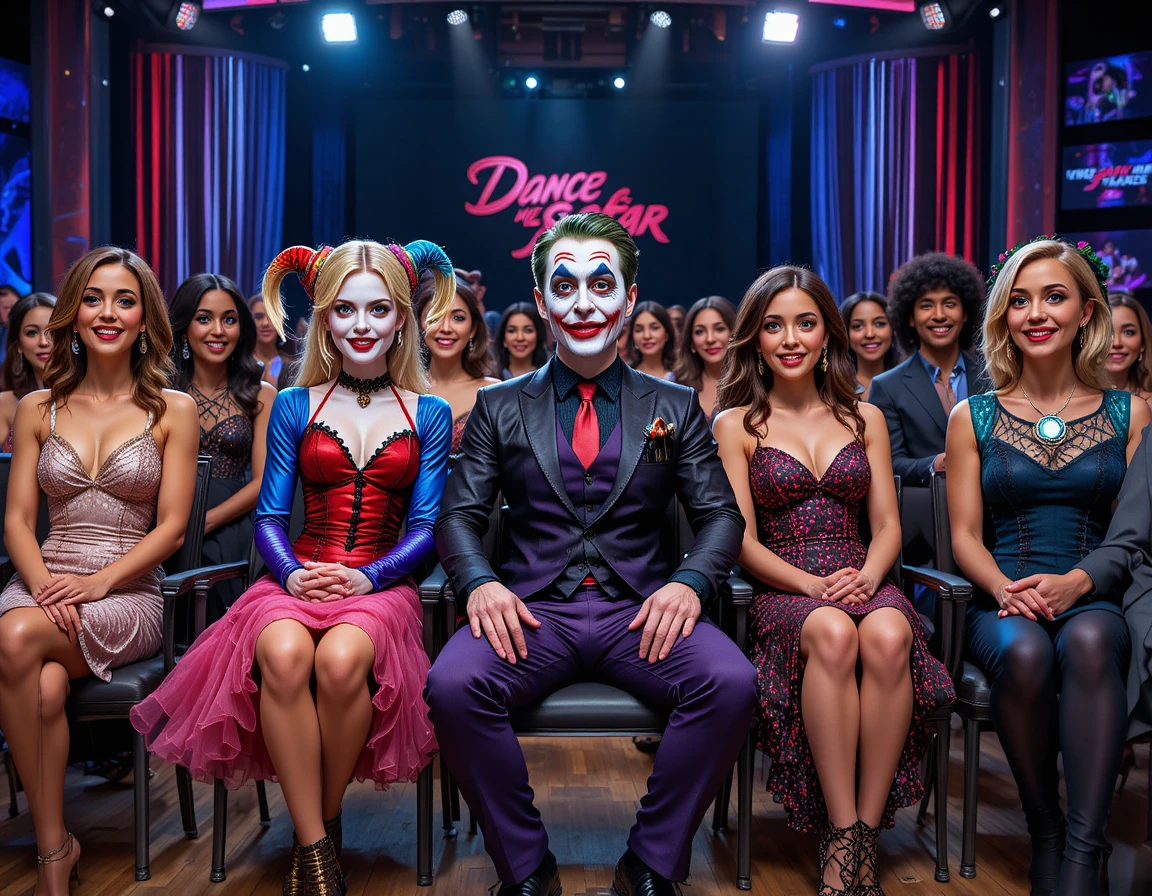 Costumed guests seated in a colorful dance tv studio